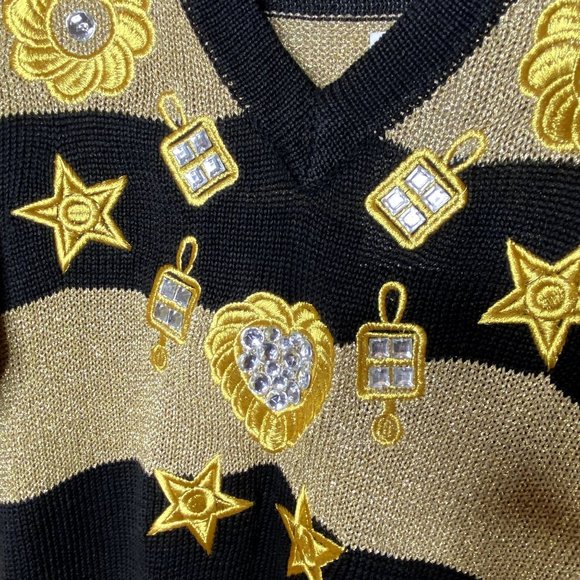 NEW XES-NY Gold & Black Striped Sweater Mob Wife Avant Garde - Picture 5 of 9